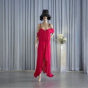 Nicole Miller Silk Cold Shoulder Maxi Dress Magenta Pink Beaded Gown Size L NWT